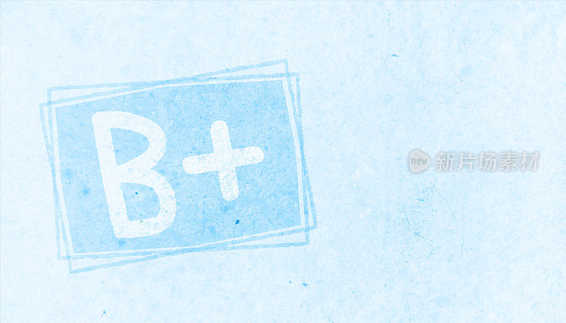 粉彩淡蓝色大写字母或字母B后跟一个加号或正号或B +在水平风化粉彩天蓝色框架垃圾墙纹理矢量背景